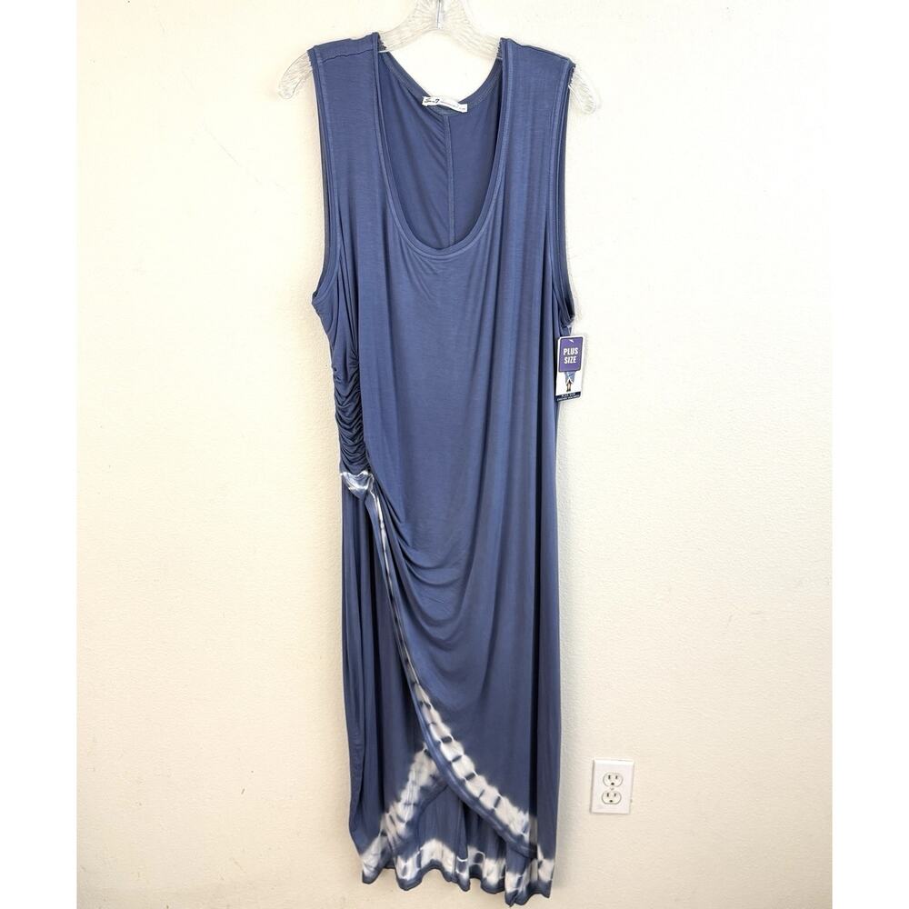 Seven7 Women Cascade Hem Midi Blue Dress 2X Sleeveless Ruching Tie Dye Boho Knit